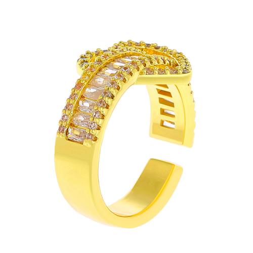 Латунь Манжеты палец кольцо, Сердце, плакирован золотом, инкрустированное микро кубического циркония & Женский, размер:6-8, продается PC