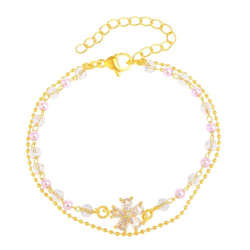 laiton bracelet, avec cristal, fleur, plaqué de couleur d'or KC, Double couche & pavé de micro zircon & pour femme Environ 6-7 pouce, Vendu par PC
