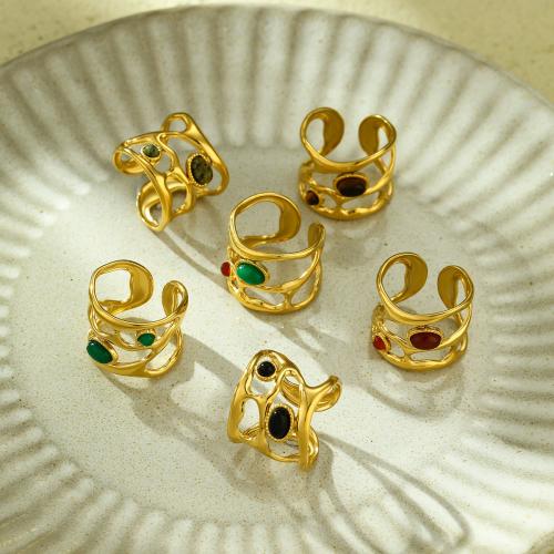 Gemstone Stainless Steel Finger Ring, 304 Stainless Steel, with Natural Stone, plated & for woman & hollow, golden 