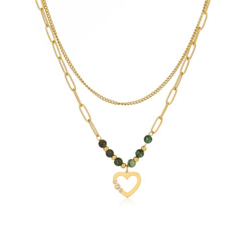 Ожерелье Цирконий нержавеющей стали, Нержавеющая сталь 304, с Природный камень, 18K позолоченный, Двойной слой & инкрустированное микро кубического циркония & Женский, продается PC