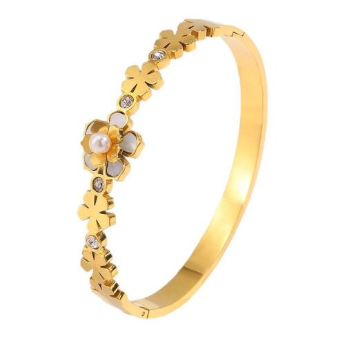 Bracelet en acier inoxydable, Acier inoxydable 304, avec coquille blanche & perle de plastique, bijoux de mode & pour femme & avec strass, doré, Vendu par PC[