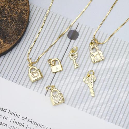 Cubique Pendentif en laiton zircon pavent, Blocage et clé, Placage, DIY & pavé de micro zircon, doré, Vendu par PC[