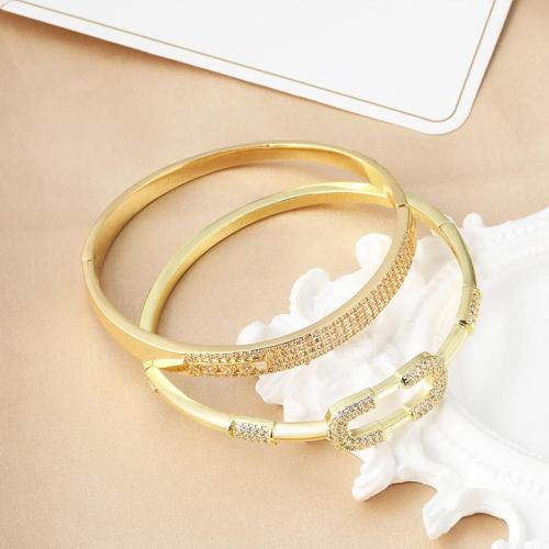 Brass Bangle, plated, fashion jewelry & micro pave cubic zirconia, golden 