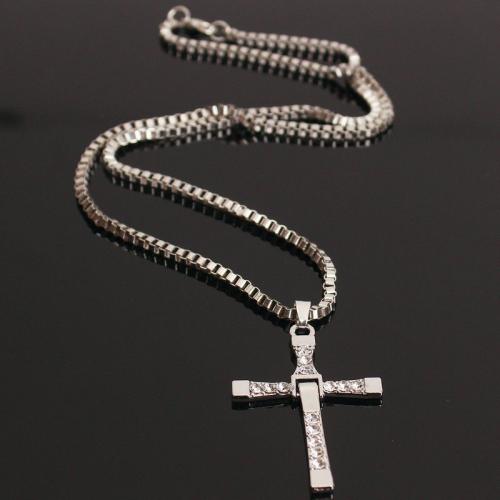 Zinc Alloy Necklace, Cross, plated, for man & with rhinestone Approx 18 Inch 
