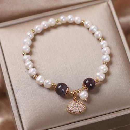 alliage de zinc bracelet, avec perle d'eau douce cultivée, Placage, styles différents pour le choix & pour femme & avec strass Environ 6.5 pouce, Vendu par PC