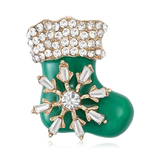 Broche de bijoux de Noël, alliage de zinc, chaussette de noël, Placage, bijoux de mode & émail & avec strass, vert, Vendu par PC