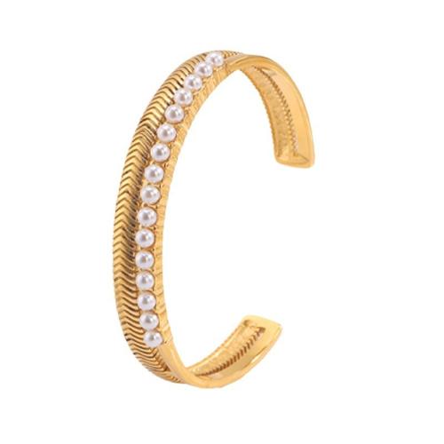 Bracelet en acier inoxydable, Acier inoxydable 304, avec perle de plastique, Placage ionique sous vide, bijoux de mode & pour femme, doré, Inner diameter :60mm, width :8mm, Vendu par PC[