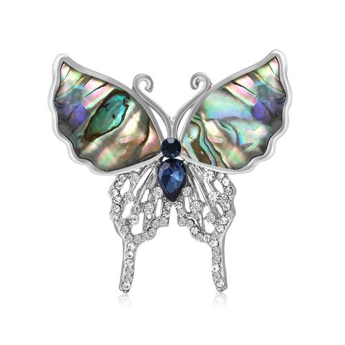 Shell Brooch, Abalone Shell, with Zinc Alloy, Butterfly, silver color plated, fashion jewelry & with rhinestone, mixed colors 