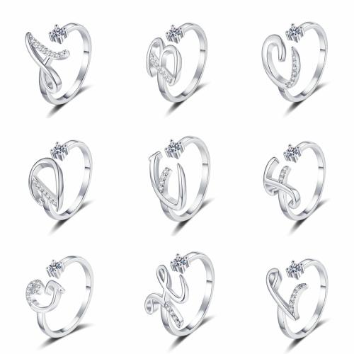 Messing Manschette Fingerring, Alphabet-Buchstabe, plattiert, verschiedene Stile für Wahl & für Frau & mit Strass, keine, Größe:6-8, verkauft von PC