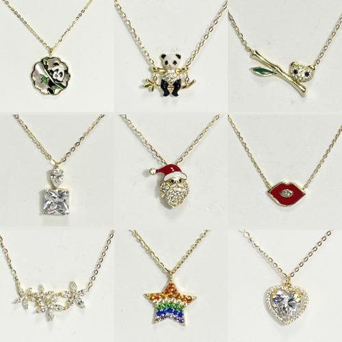 925 Sterling Silver Necklace, gold color plated, oval chain & for woman & enamel & with rhinestone Approx 16 Inch 