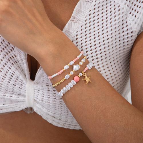 Plastic Jewelry Bracelet, Zinc Alloy, with Seedbead & Copper Coated Plastic & Plastic Pearl, gold color plated, 3 pieces & fashion jewelry [