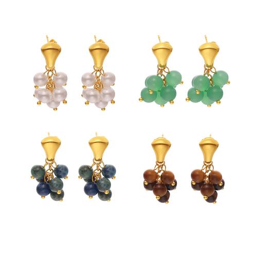 Boucle d'oreille goutte inox, Acier inoxydable 304, avec Pierre naturelle & oeil de tigre & cristal & perle de plastique, Placage de couleur d'or, bijoux de mode, plus de couleurs à choisir, Vendu par paire