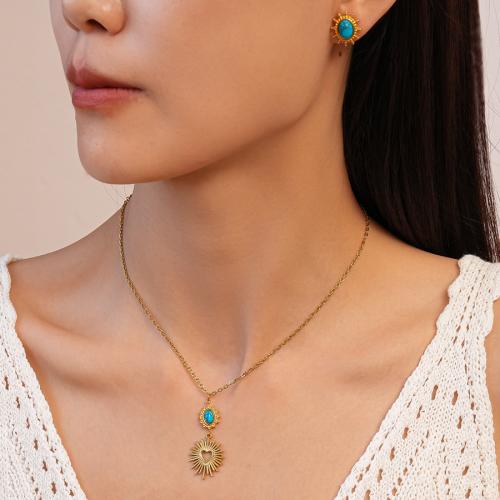 Turquoise Jewelry Sets, 304 Stainless Steel, Stud Earring & necklace, with turquoise, gold color plated, fashion jewelry 