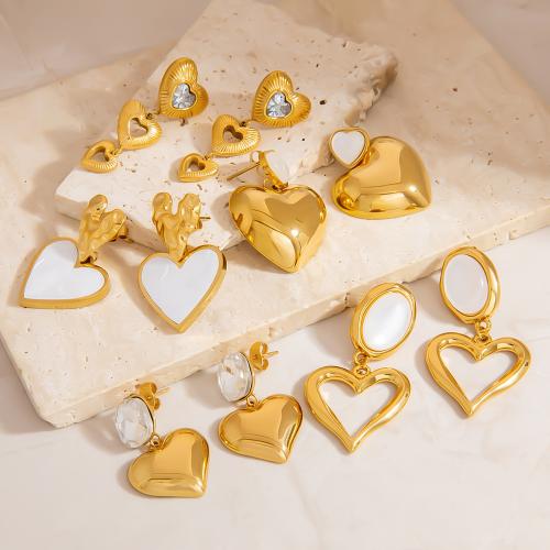 Boucle d'oreille goutte inox, Acier inoxydable 304, avec coquille blanche, Placage de couleur d'or, bijoux de mode & avec strass, plus de couleurs à choisir, Vendu par paire