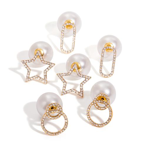 clou d'oreille en acier inoxydable avec stras, Acier inoxydable 304, avec Plastique ABS perle, Placage de couleur d'or, bijoux de mode & avec strass, plus de couleurs à choisir, Vendu par paire