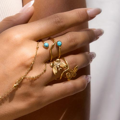 Gemstone Stainless Steel Finger Ring, 304 Stainless Steel, with Natural Stone, gold color plated, Double Layer & fashion jewelry 