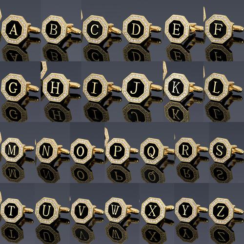 Zink Legierung Manschettenknöpfe, Zinklegierung, Achteck, plattiert, verschiedene Muster für Wahl & für den Menschen & Emaille & mit Strass, goldfarben, verkauft von Paar