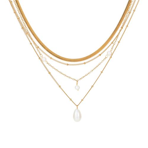 Collier de mode Multi couche, Acier inoxydable 304, avec perle de plastique, Plaqué or 18K, bijoux de mode & multicouche & pour femme, Vendu par PC