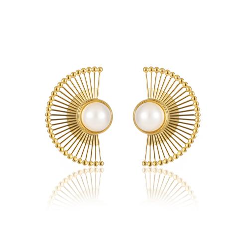 Boucle en acier inoxydable, Acier inoxydable 304, avec perle de plastique, éventail, Plaqué or 18K, bijoux de mode & pour femme & creux, Vendu par PC