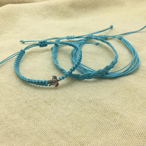 Cordón de cera Pulsera, con aleación de zinc, hecho a mano, tres piezas & ajustable & para mujer, azul, longitud:aproximado 6-10 Inch, Vendido por Set[