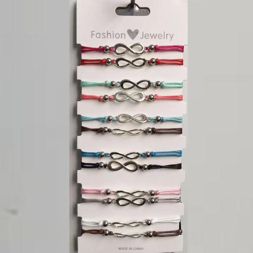cordón poliéster Pulsera, con aleación de zinc, Infinito, hecho a mano, 12 piezas & unisexo & ajustable, color mixto, longitud:aproximado 6-10 Inch, Vendido por Set[
