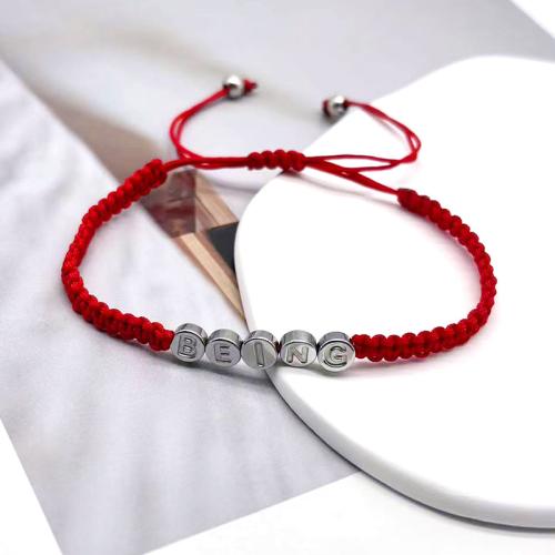Acier inoxydable 304 bracelet, avec cordon de polyester, avec 2.1inch chaînes de rallonge, Lettre d’alphabet, fait à la main, unisexe & réglable, rouge Environ 5.5 pouce, Vendu par PC