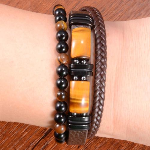 cuir PU bracelet, avec Obsidienne & oeil de tigre & agate noire & Acier inoxydable 304, unisexe & normes différentes pour le choix, plus de couleurs à choisir, Vendu par PC