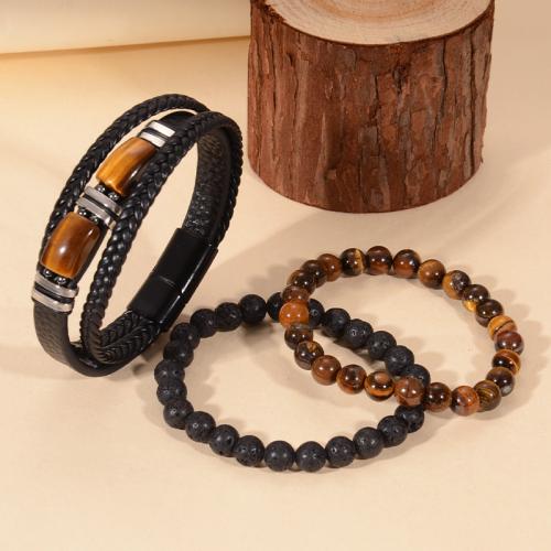 cuir PU bracelet, avec lave volcanique & oeil de tigre & Acier inoxydable 304, fait à la main, styles différents pour le choix & pour homme Environ 8.5 pouce, Vendu par PC