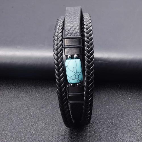 PU Leather Bracelet, with turquoise & 304 Stainless Steel, handmade, multilayer & for man 