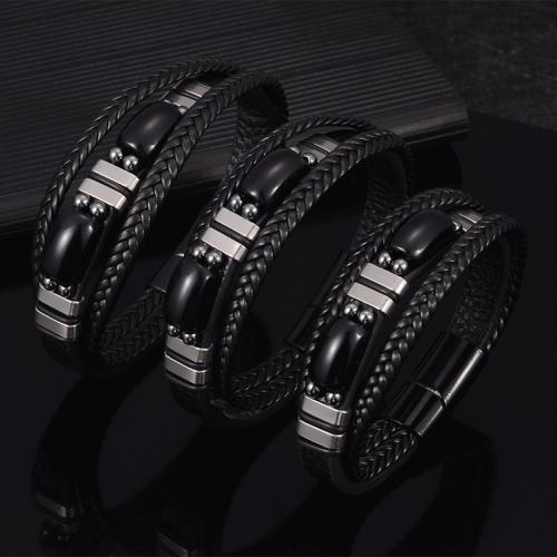Искусственная кожа браслет, с Обсидиан & Нержавеющая сталь 304, Связанный вручную, разный размер для выбора & Мужский, черный, продается PC