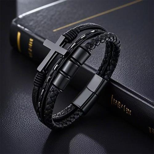 cuir PU bracelet, avec cuir de peau de vache & Acier inoxydable 304, croix, fait à la main, multicouche & le style de punk & normes différentes pour le choix & pour homme, noire, Vendu par PC