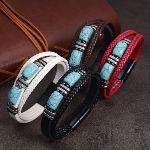 cuir PU bracelet, avec turquoise synthétique & Acier inoxydable 304, fait à la main, multicouche & normes différentes pour le choix & pour homme, plus de couleurs à choisir, Vendu par PC