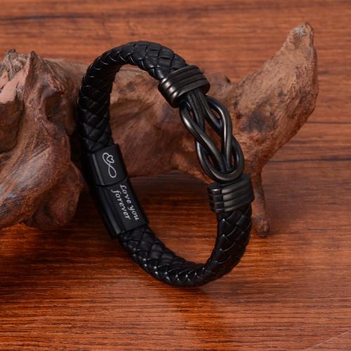 cuir PU bracelet, avec Acier inoxydable 304, normes différentes pour le choix & pour homme, noire, Vendu par PC