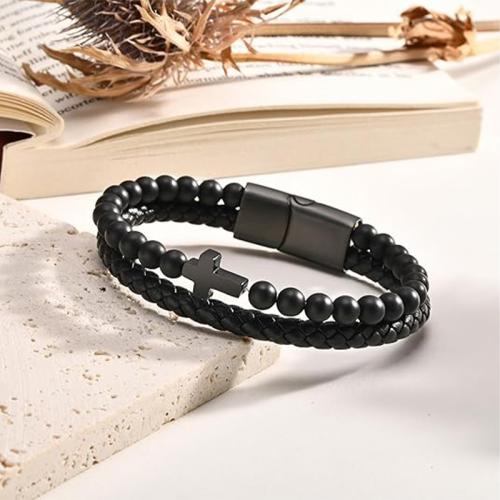 cuir PU bracelet, avec oeil de tigre & agate noire & Acier inoxydable 304, croix, fait à la main, multicouche & normes différentes pour le choix & pour homme, plus de couleurs à choisir, Vendu par PC
