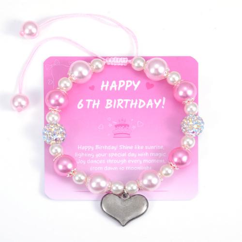 Plastic Pearl Bracelet, with Polyester Cord & Zinc Alloy, Heart, handmade, Girl & with rhinestone Approx 6.5-11 Inch 