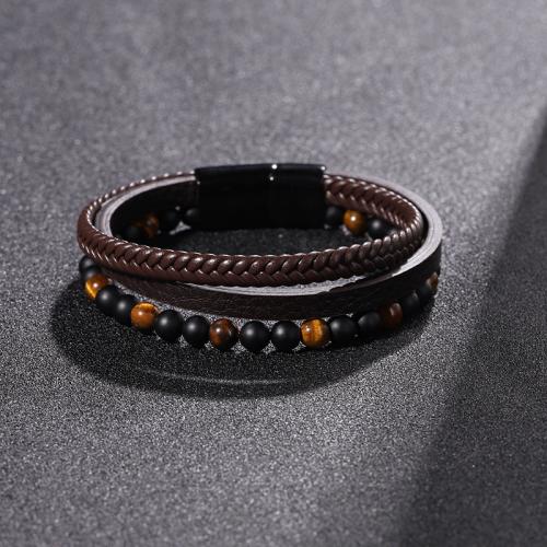 cuir PU bracelet, avec oeil de tigre & Acier inoxydable 304, fait à la main, multicouche & pour homme Environ 8.5 pouce, Vendu par PC