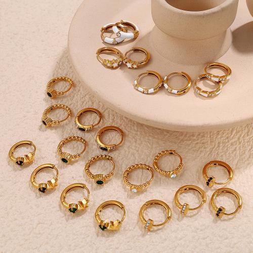 Stainless Steel Huggie Hoop Earring, 304 Stainless Steel, gold color plated, fashion jewelry & enamel & with rhinestone [