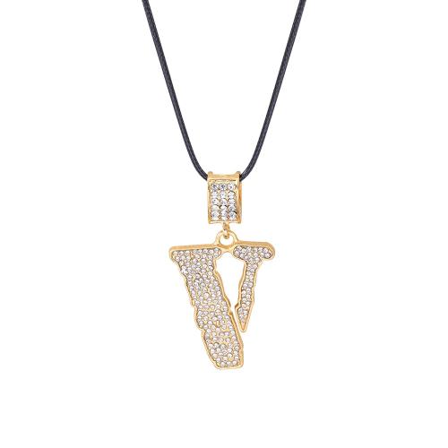 Rhinestone Zinc Alloy Necklace, with leather cord, plated, for man & with rhinestone & hollow 