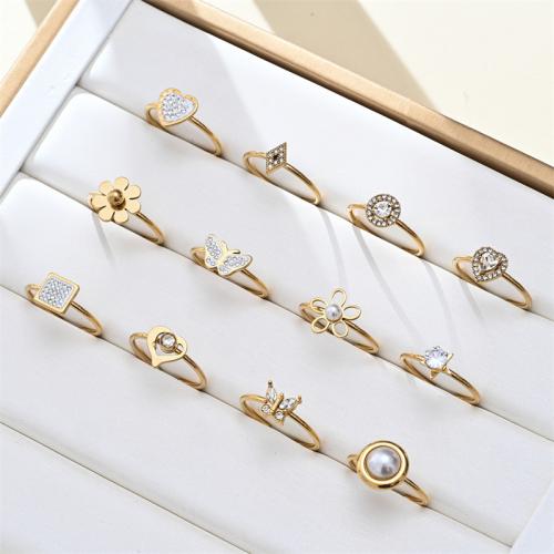 Bague en acier inoxydable Incrusté de zircon, Acier inoxydable 304, avec perle de plastique, Placage, styles différents pour le choix & pavé de micro zircon & pour femme, doré, Vendu par PC