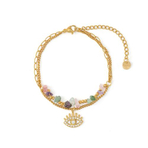 Stainless Steel Charm Bracelet, 304 Stainless Steel, with Natural Stone, 18K gold plated, Double Layer & micro pave cubic zirconia & for woman [