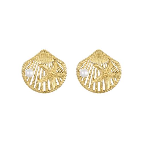 Boucle en acier inoxydable, Acier inoxydable 304, avec perle de plastique, coquille, Plaqué or 18K, bijoux de mode & pour femme & creux, Vendu par paire