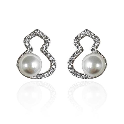 Boucles d'oreilles en laiton zircon cubique pavent, avec perle de plastique, calebasse, Placage, bijoux de mode & pavé de micro zircon, argent Vendu par paire[