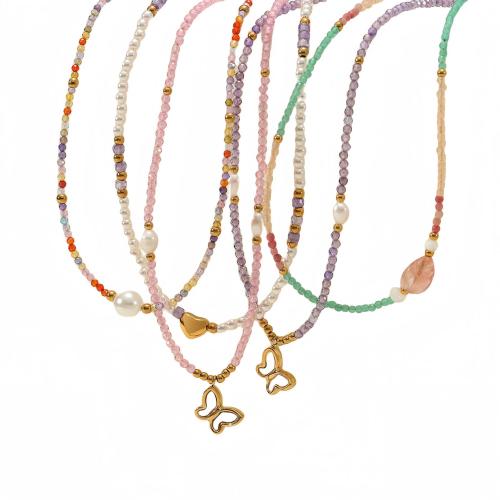 Чип Gemstone пресноводных жемчужное ожерелье, титан, с Природный камень & Пресноводные жемчуги, Другое покрытие, ювелирные изделия моды & разные стили для выбора & Женский, разноцветный, продается PC