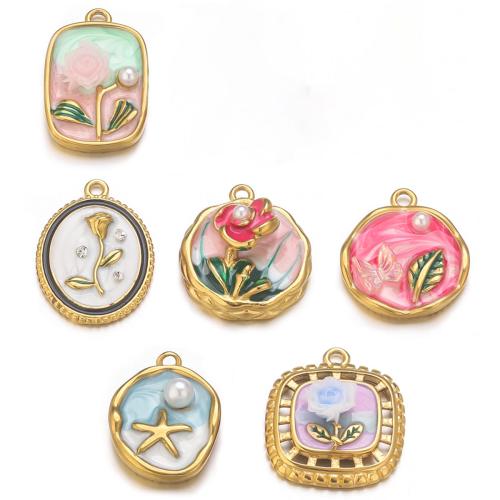 Emaille Edelstahl Anhänger, 304 Edelstahl, mit Kunststoff Perlen, goldfarben plattiert, DIY & verschiedene Stile für Wahl, 3PCs/Tasche, verkauft von Tasche