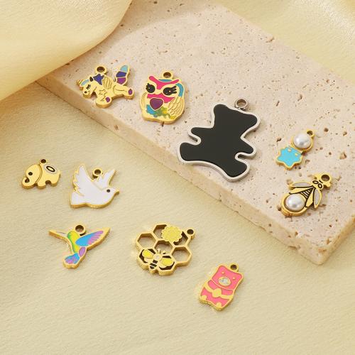 Emaille Edelstahl Anhänger, 304 Edelstahl, mit Harz & Kunststoff Perlen, goldfarben plattiert, DIY, goldfarben, 10PCs/Tasche, verkauft von Tasche