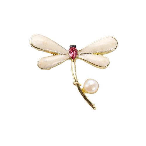 Broche perle d'eau douce, alliage de zinc, avec perle d'eau douce cultivée, libellule, Placage de couleur d'or, bijoux de mode & émail & avec strass, plus de couleurs à choisir Vendu par PC