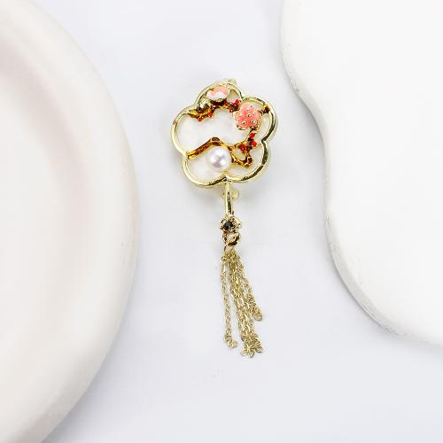 Broche perle d'eau douce, alliage de zinc, avec coquille blanche & perle d'eau douce cultivée, éventail, Placage de couleur d'or, bijoux de mode & émail & avec strass, plus de couleurs à choisir Vendu par PC