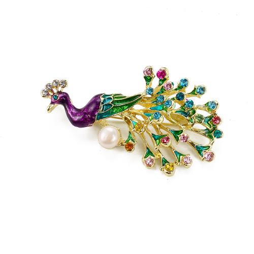 Broche perle d'eau douce, alliage de zinc, avec perle d'eau douce cultivée, paon, Placage de couleur d'or, bijoux de mode & émail & avec strass, plus de couleurs à choisir Vendu par PC