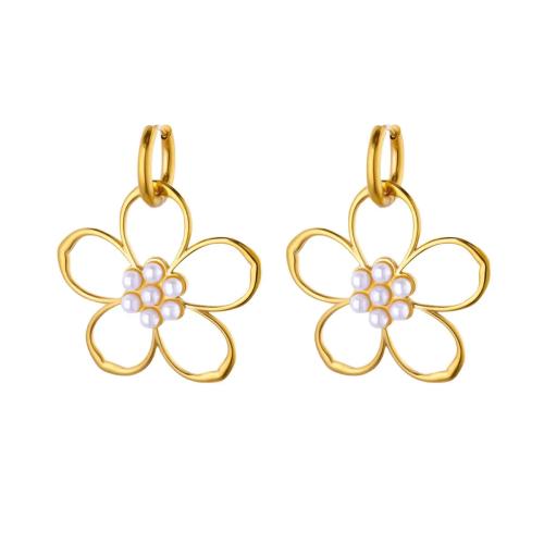 Boucle d'oreille goutte inox, Acier inoxydable 304, avec perle de plastique, fleur, Plaqué or 18K, styles différents pour le choix & pour femme & émail, plus de couleurs à choisir, Vendu par paire