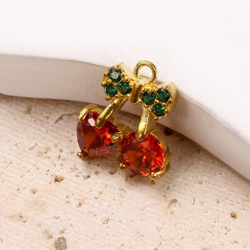 Strass Messing Anhänger, Kirsche, plattiert, DIY & mit Strass, goldfarben, 10.74x2.7x12.11mm, verkauft von PC